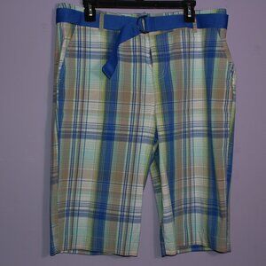 Kim Rogers Green/Blue/Khaki Plaid Bermuda/Walking Shorts wiht Blue Belt Size 16